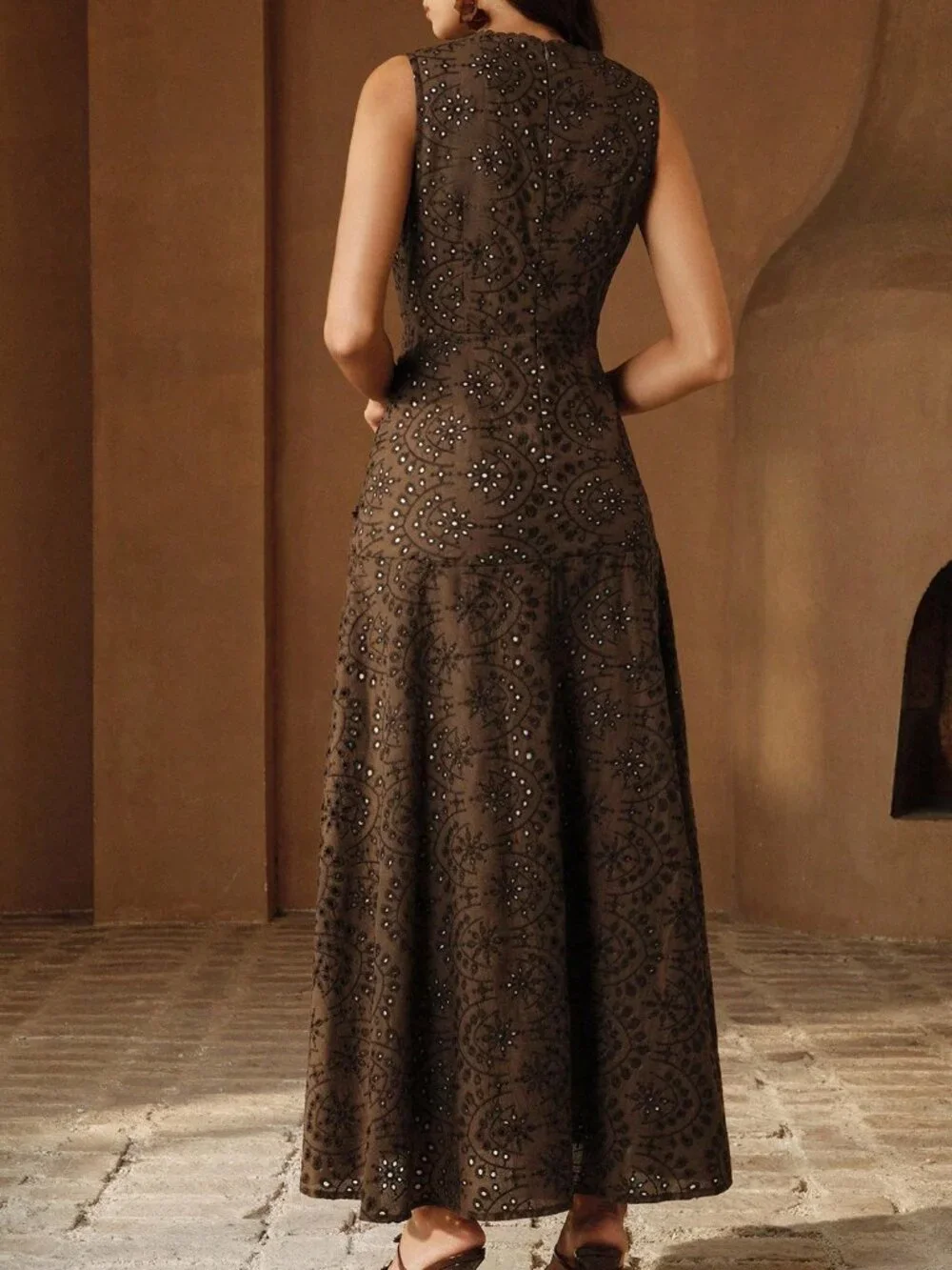 Coffee Brown Party Women's Sleeveless Hollow-Out Elegant Slim Fit Dress